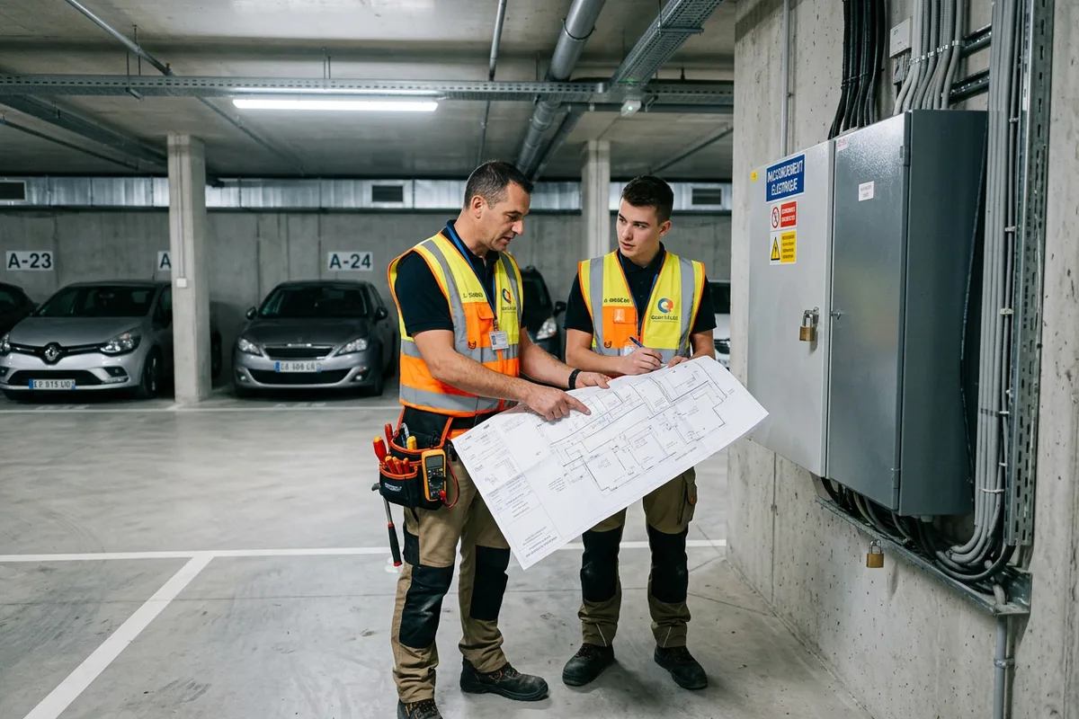 Équipe de techniciens préparant l'installation de bornes de recharge à Hasparren Équipe de techniciens préparant l'installation de bornes de recharge à Hasparren