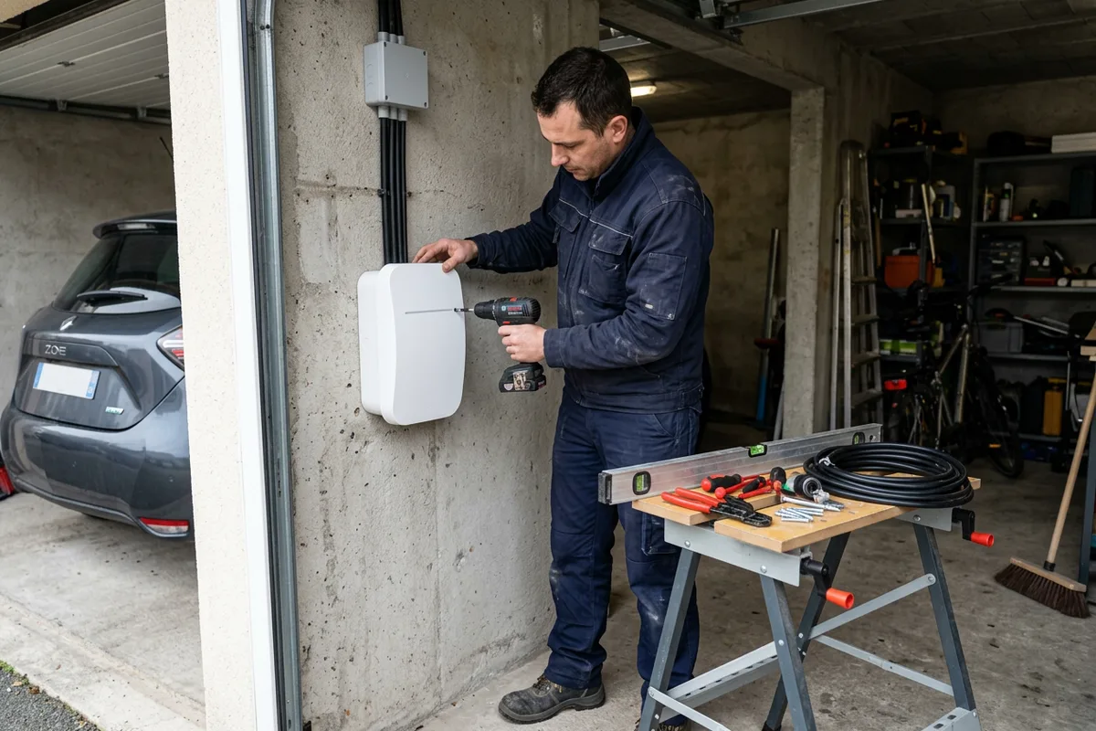 Installation technique d'une borne de recharge électrique murale dans un garage à Pont-l'Abbé