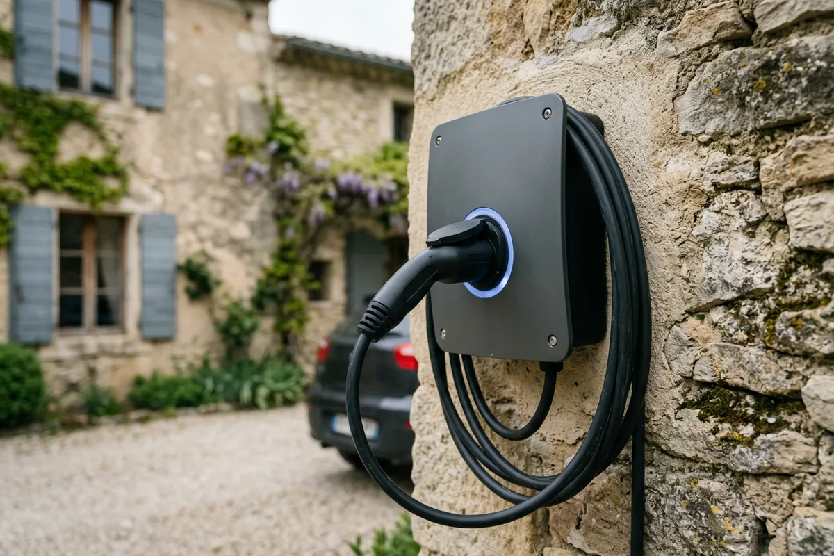 Détail technique d'une wallbox connectée pour véhicule électrique à Thise